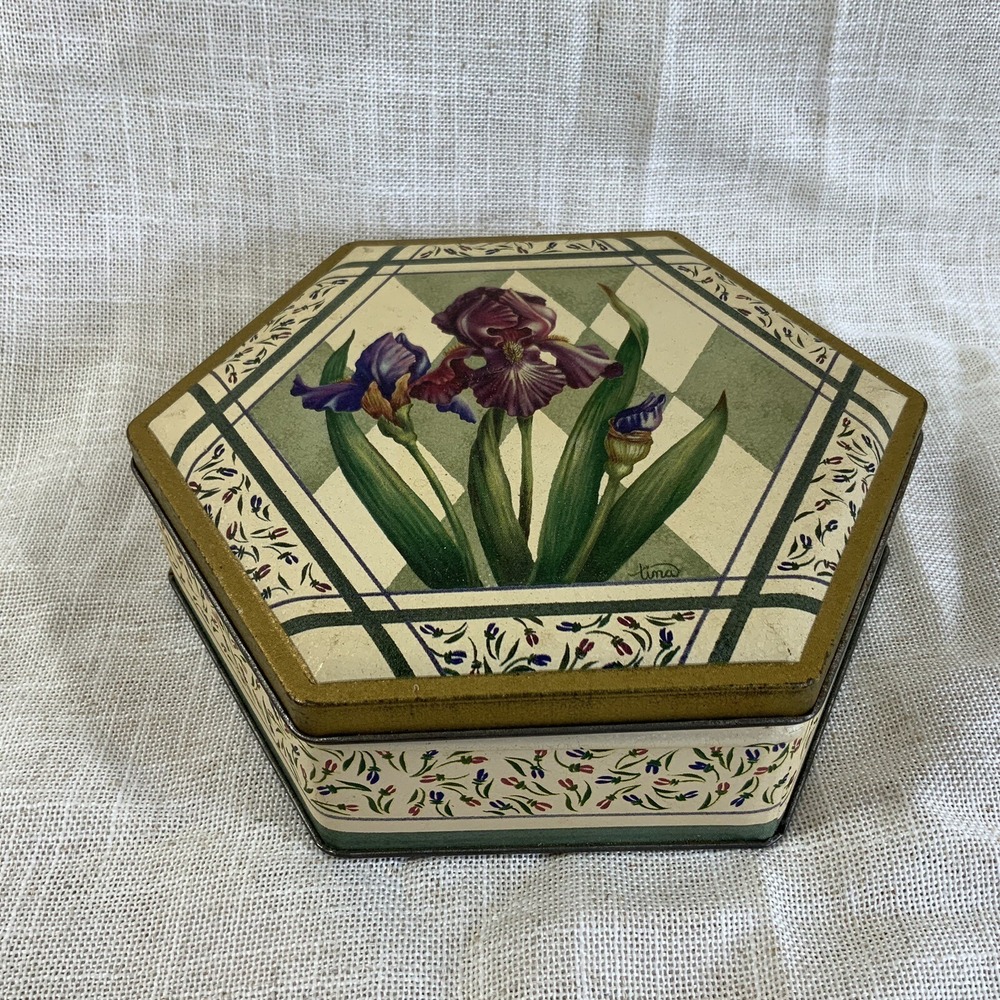 Vintage Metal Tin Hexagon Shape Bearded Iris Botanical Artist Signed Tina EUC